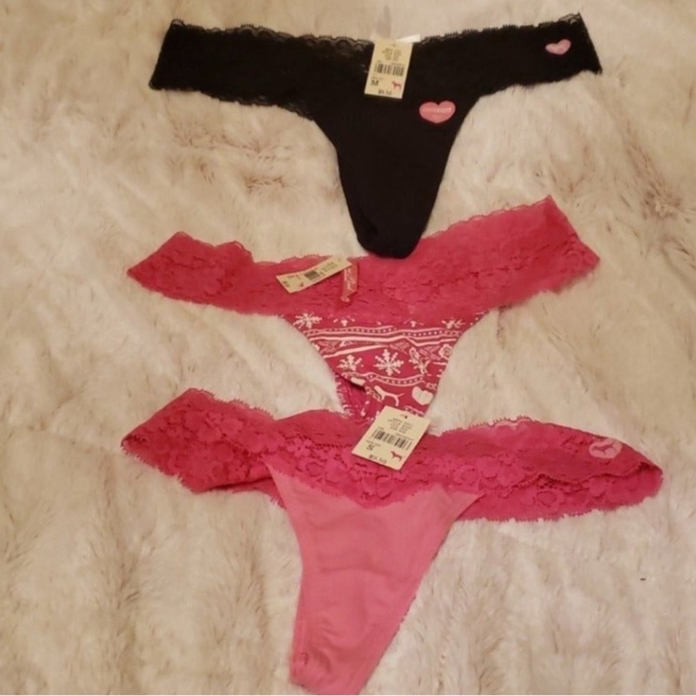 Lot of NWT Victoria’s Secret PINK Colorful Cotton Lace Trim Thong Panties S / M